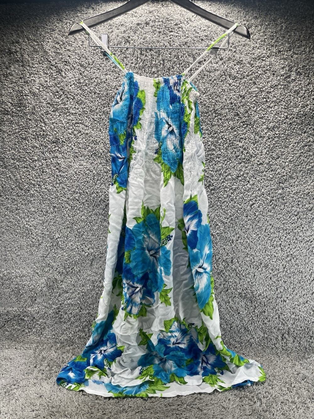Women’s Dress Floral Print White Hawaiin Style Smocked Halter Blue One Size